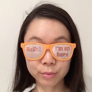 Orange Sunglasses with "Hello! I'm Up Here" text
